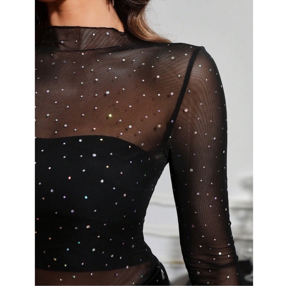 Black Sheer Mesh Top with Rhinestone Accents Sparkles - Picture 5 of 6